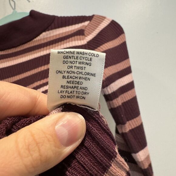 Sweater Tight Knit Mockneck Pullover Burgundy Stripe Stretch Retro Women Large - Picture 5 of 8